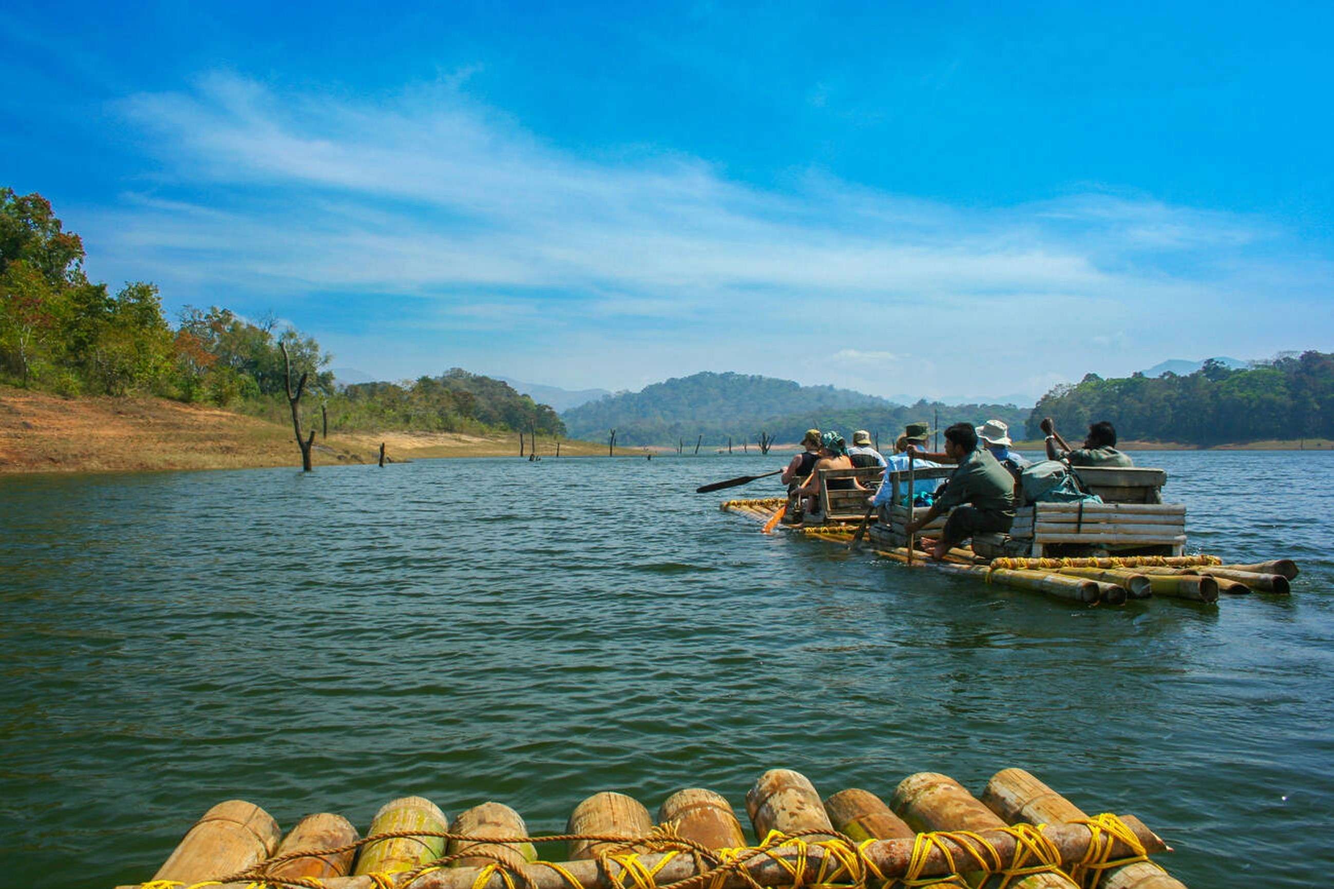 Glide through the waters of Periyar Lake on a traditional bamboo raft