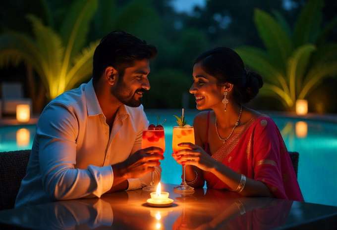 Experience romance by the serene poolside under a starlit sky