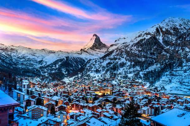 Aerial View of Zermatt Valley and Matterhorn Peak