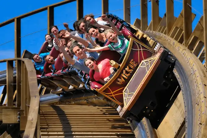 Ride on the lightning roller coaster Anubi at Plopsaland De Panne