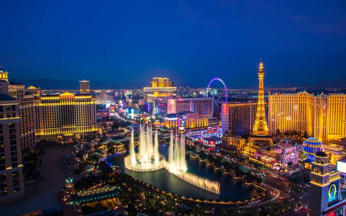 Stunning aerial view of Bellagio Fountain Show in Las Vegas