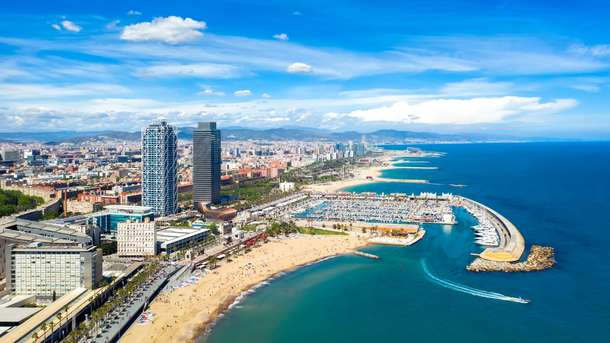 Helicopter Flight over Coastline of Barcelona