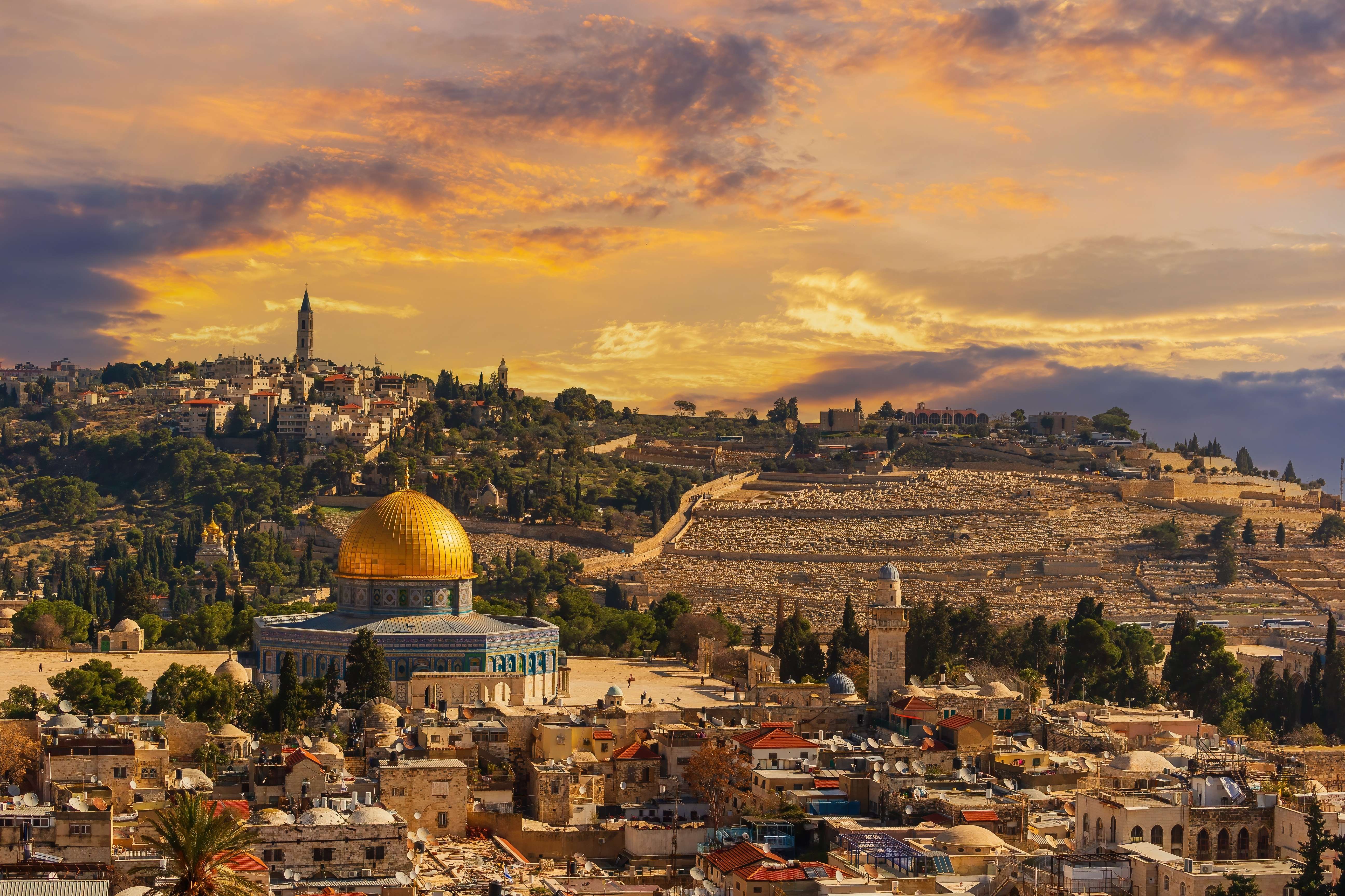 Admire Jerusalem skyline, where golden domes & ancient walls crown the holy city