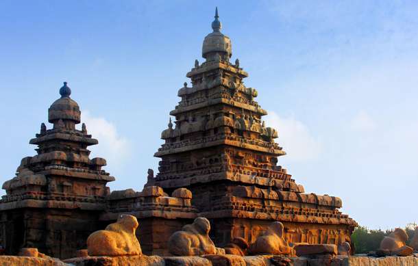 Intricate Dravidian Architecture of Mahabalipuram Shore Temple, Tamil Nadu