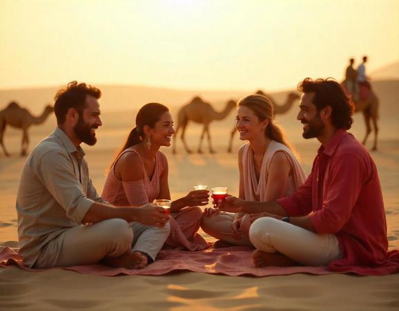 Relish an unforgettable desert evening with snacks over golden dunes
