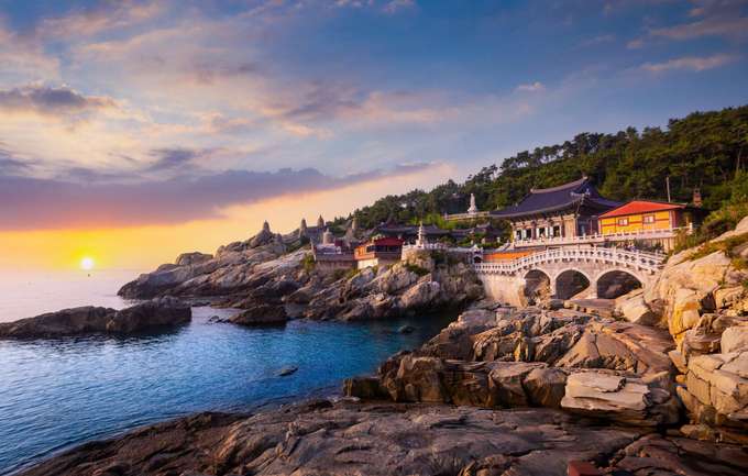 Stunning view of Haedong Yonggungsa Temple during sunset