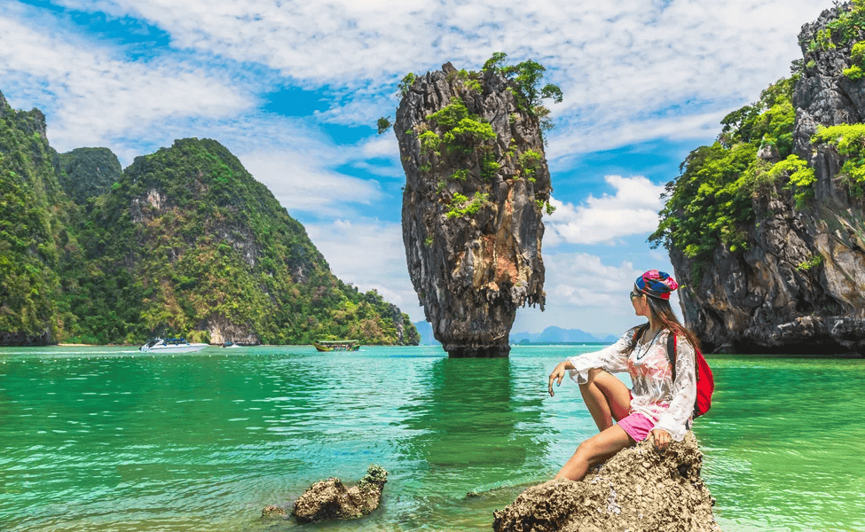 Stunning view of girl relaxing in James Bond Island, Phuket