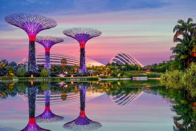 Beautiful evening view of gardens by the bay lights