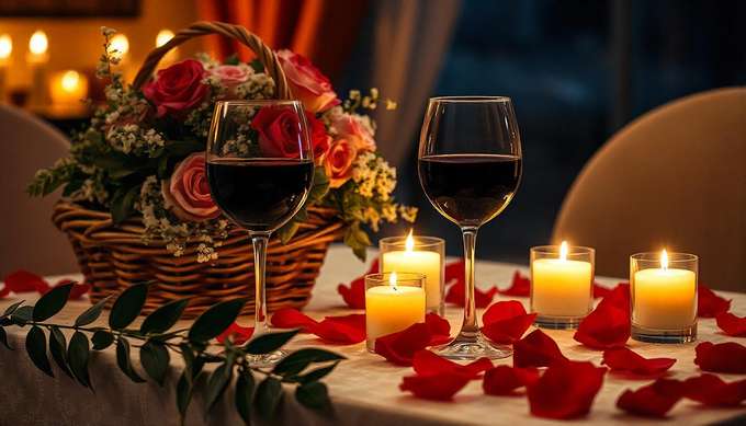 Sit at a beautifully decorated rooftop table with rose petals and candles