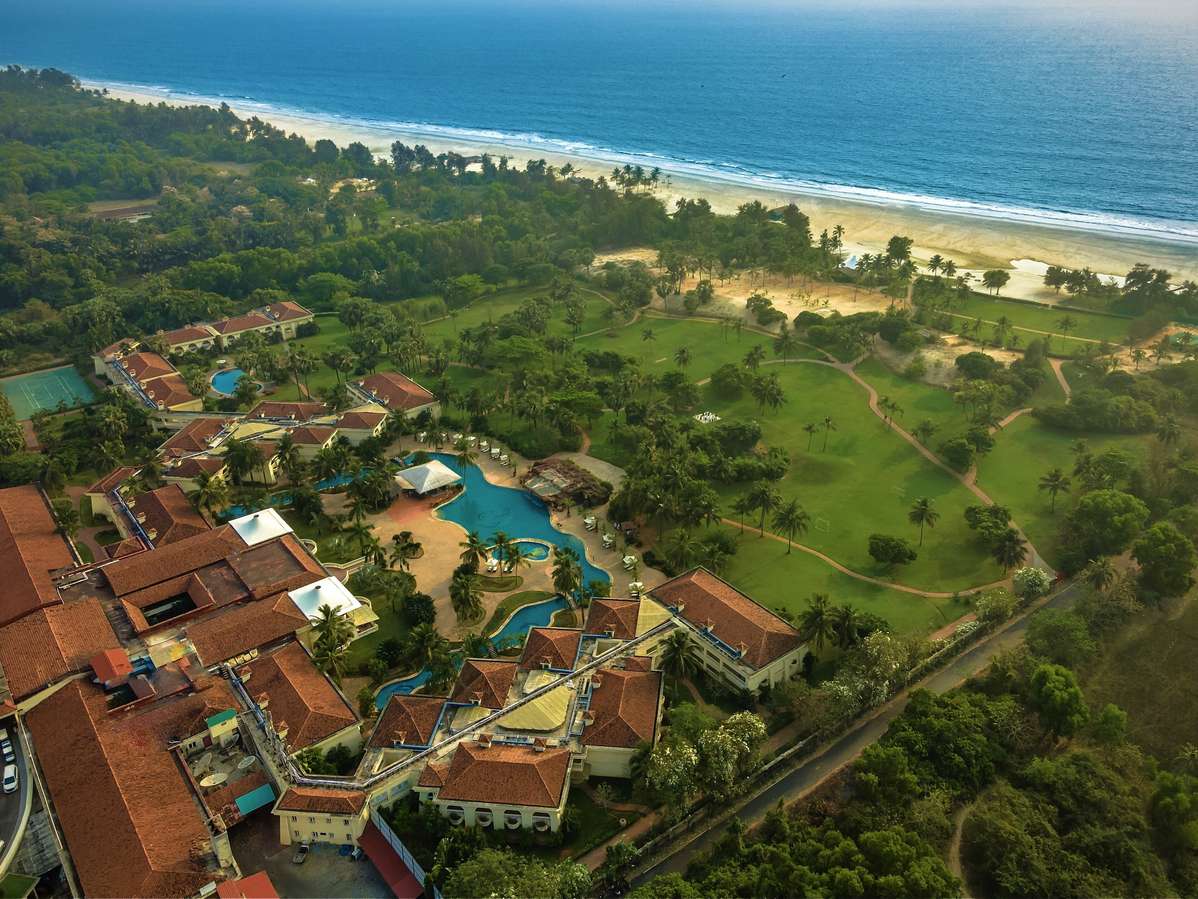 Aerial view of the resort with private beach front