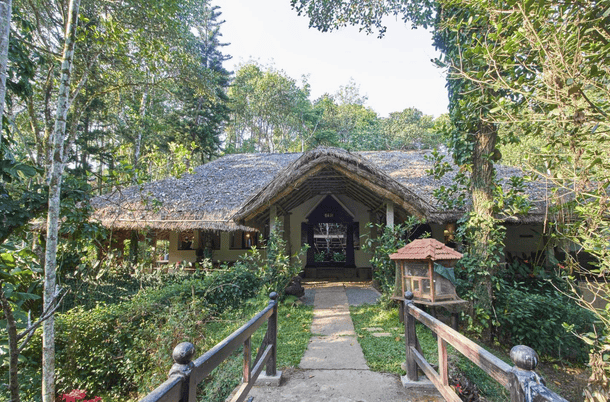 Aerial view of the Shalimar Spice Garden Resort from the front side