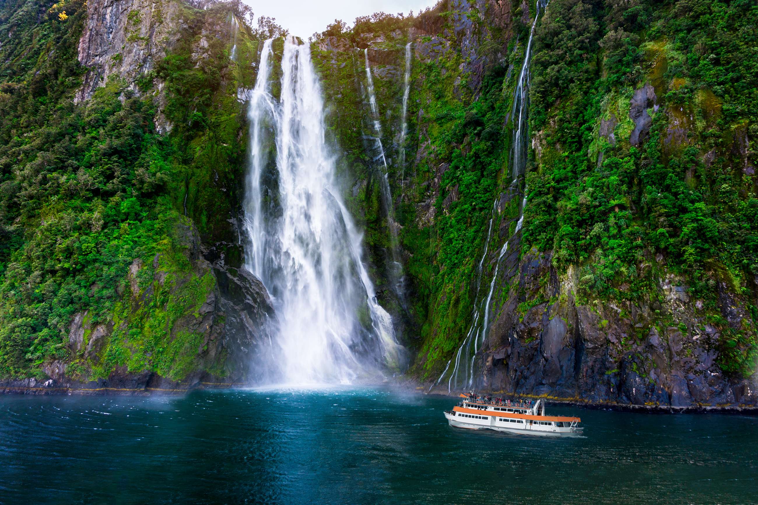 Panoramic views of Stirling Falls, Milford Sound Cruise, Australia