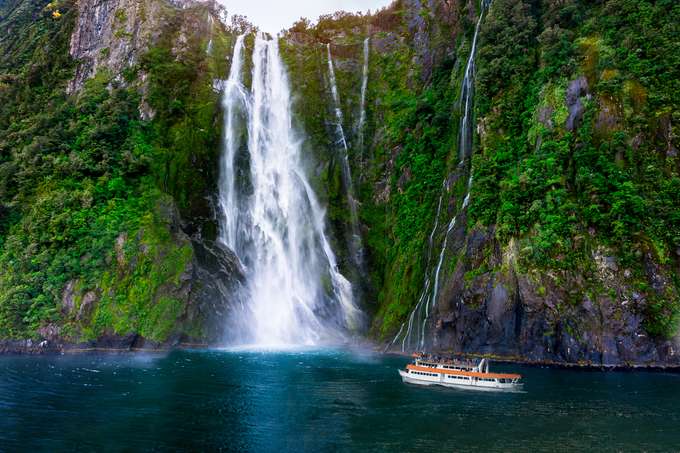 Panoramic views of Stirling Falls, Milford Sound Cruise, Australia