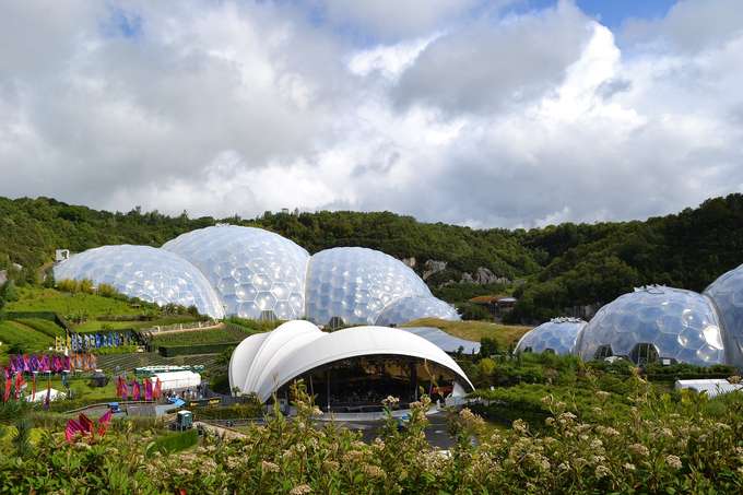Panoramic view of the Eden Project biomes from nearby hill