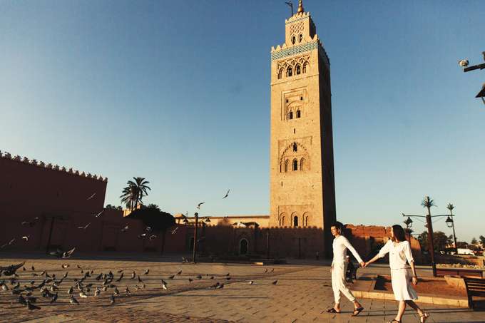 Walk hand-in-hand and witness the beauty of Koutoubia Mosque at sunset