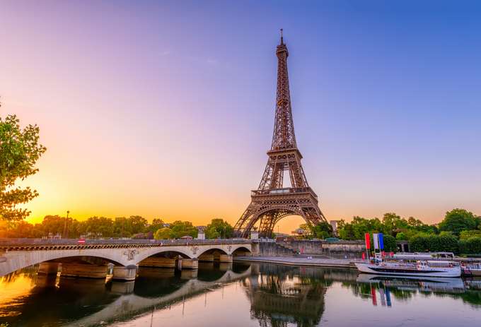 View of Eiffel Tower and river Seine at sunrise in Paris