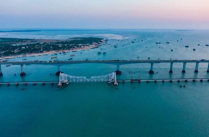 Aerial view of Pamban Bridge, Rameswaram
