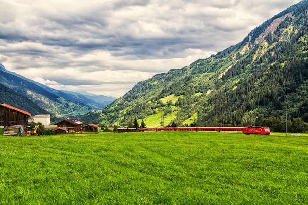 The Glacier Express traveling through the alps