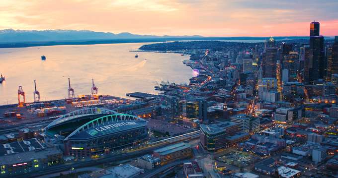 Aerial view of Seattle with Century Link Field and Downtown Seattle